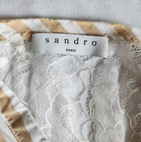 SANDRO I 1 (XS/S) lace and cotton button down shirt I tan and white stripes - Picture 5 of 11